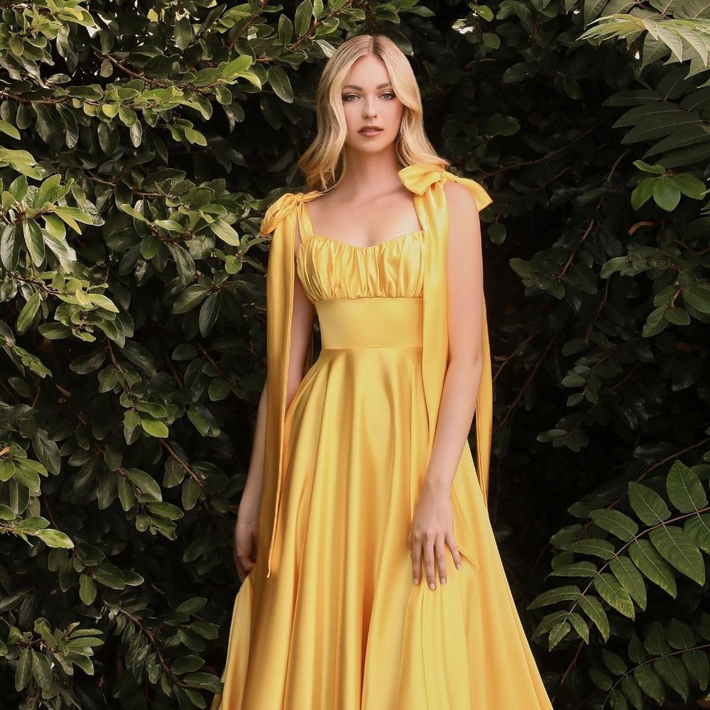 Yellow Satin Formal Gown With Long Sash Tie Straps